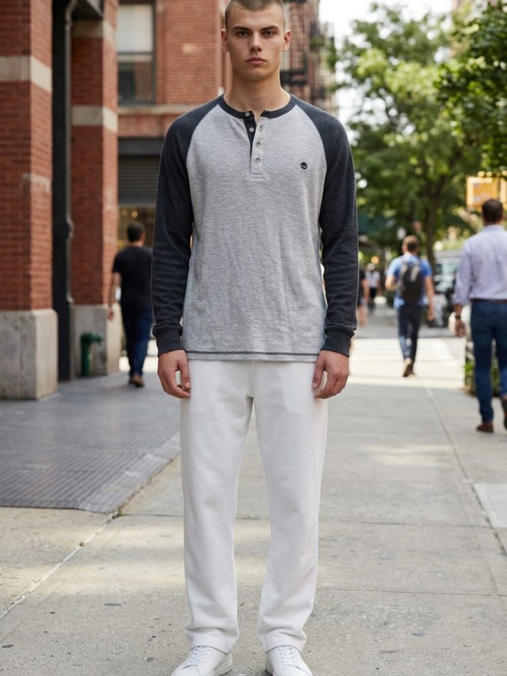 Timberland Grey and Black Raglan Henley Long Sleeve